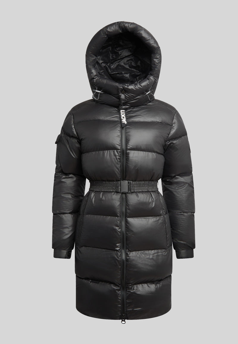 EZ Belted Down Puffer Coat Lux Black featuring a stylish hood and belted design for warmth and comfort.