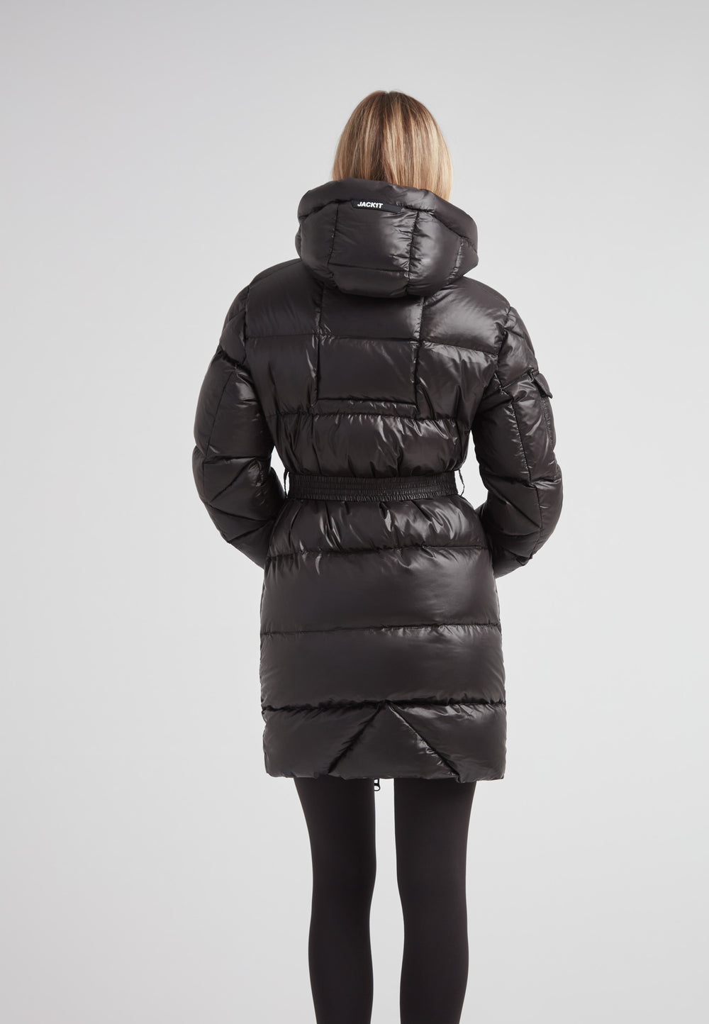 Back view of the EZ Belted Down Puffer Coat Lux Black showcasing its sleek design and stylish silhouette.