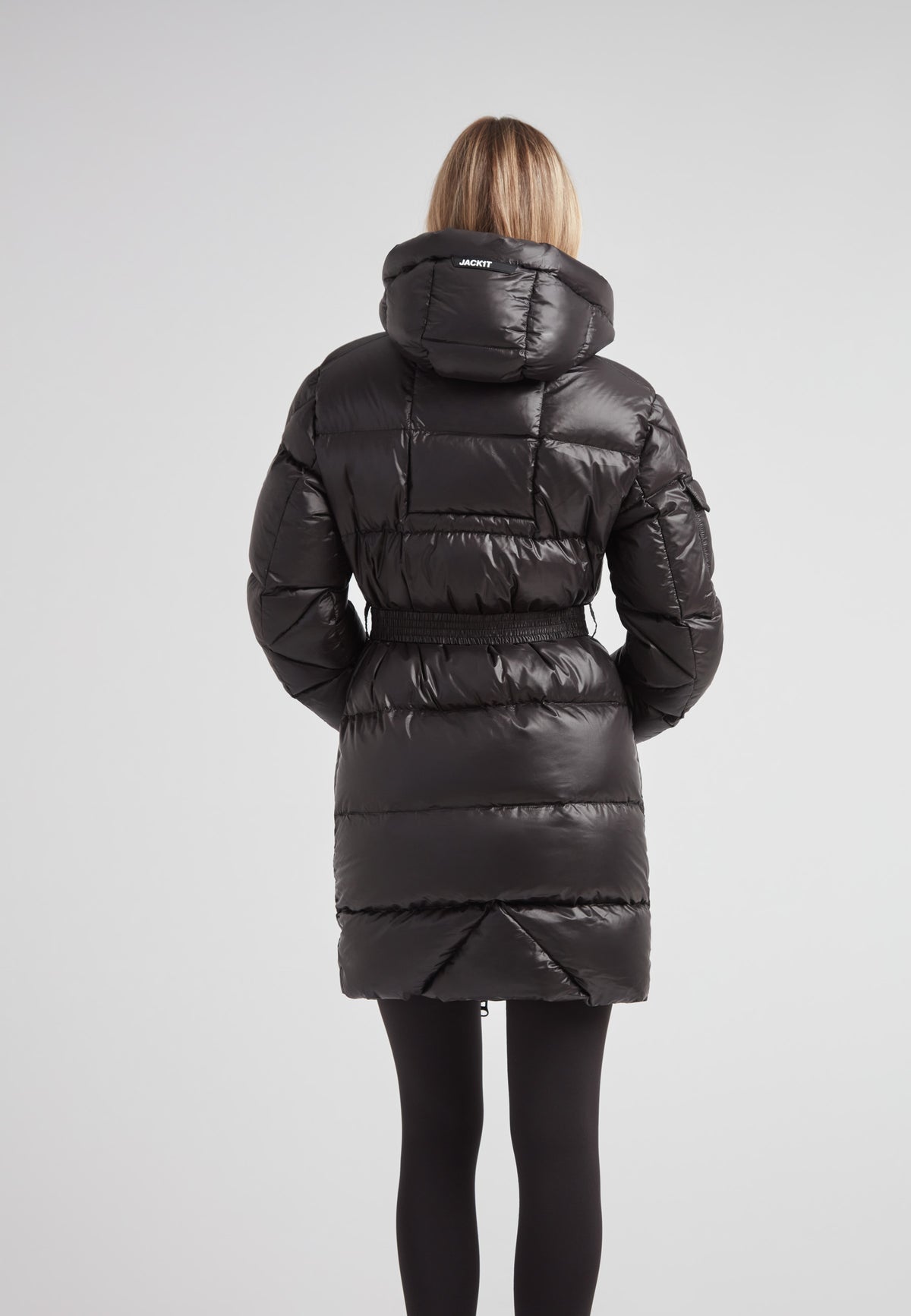 Back view of the EZ Belted Down Puffer Coat Lux Black showcasing its sleek design and stylish silhouette.