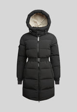 EZ Belted Down Puffer Coat Matt Black with fixed hood and removable belt for winter warmth and style.