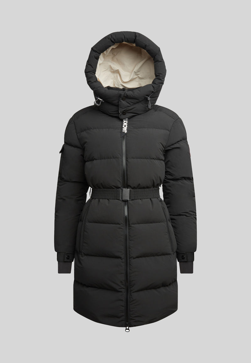 EZ Belted Down Puffer Coat Matt Black with fixed hood and removable belt for winter warmth and style.