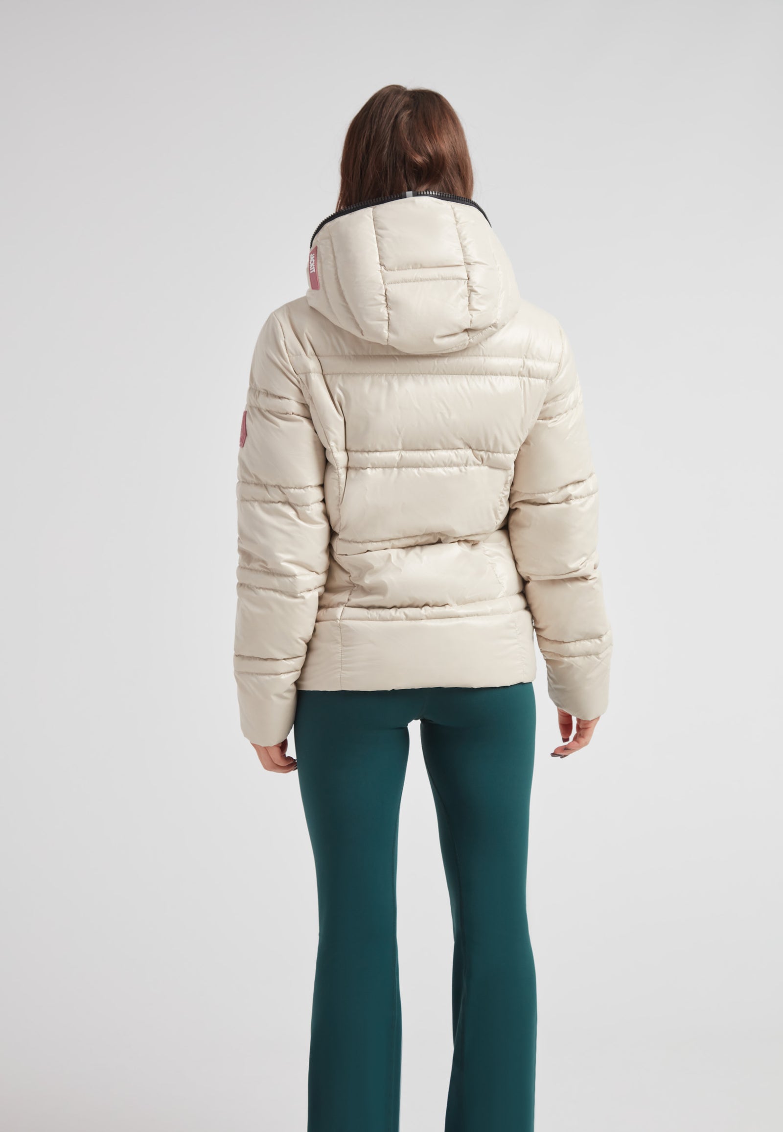 R4D Tramline puffer racer jacket lux stone back view featuring insulated design and hood.