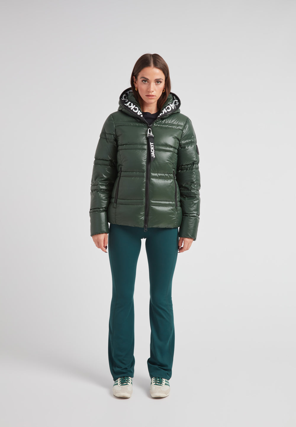 R4D Tramline Puffer Racer Jacket Lux Emerald worn by a model with sleek design and durable water repellent features.