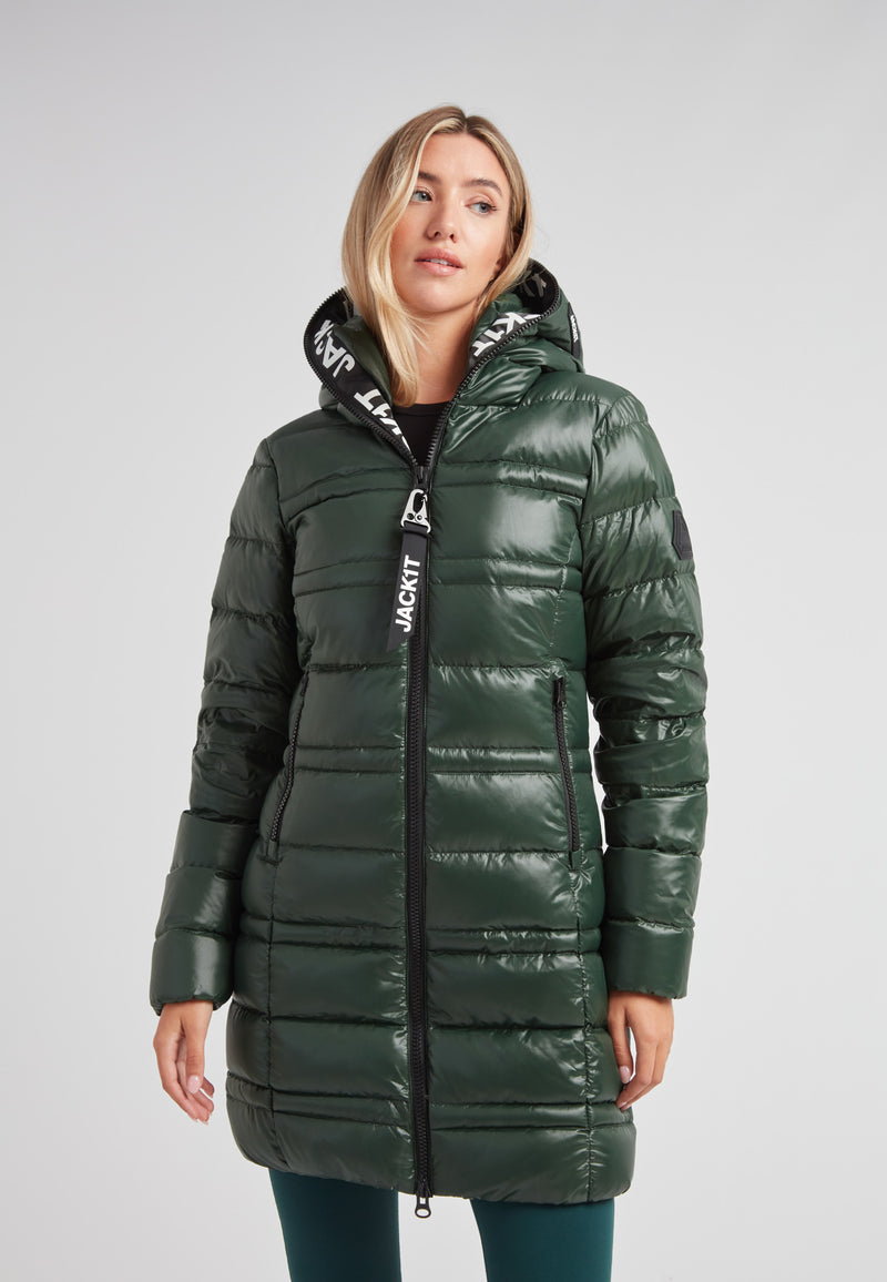R4D Tramline Down Coat Lux Emerald showcasing its sleek design and structural style in green.