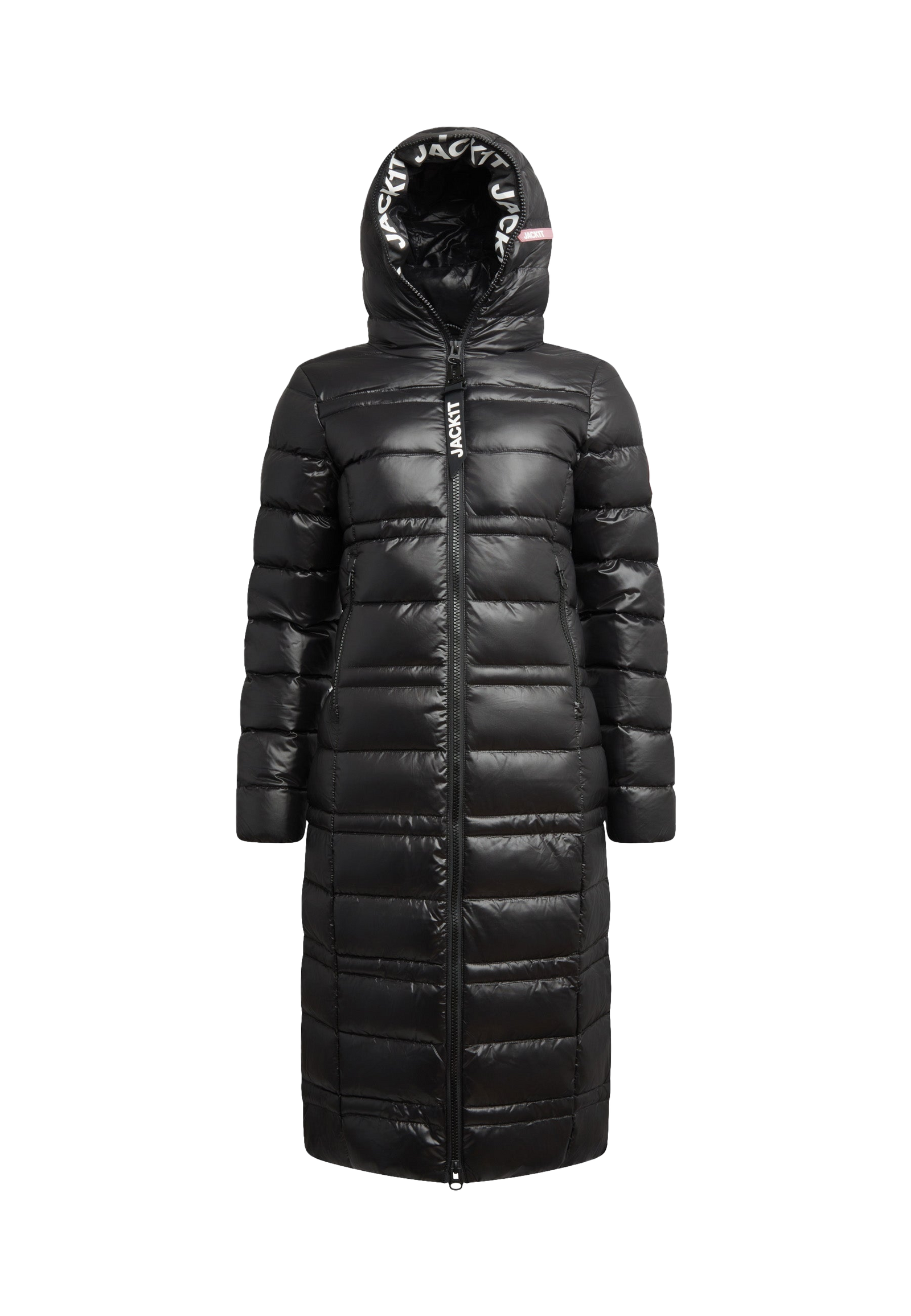 R4D Tramline Extra Long Down Coat Lux Black flat lay swatch