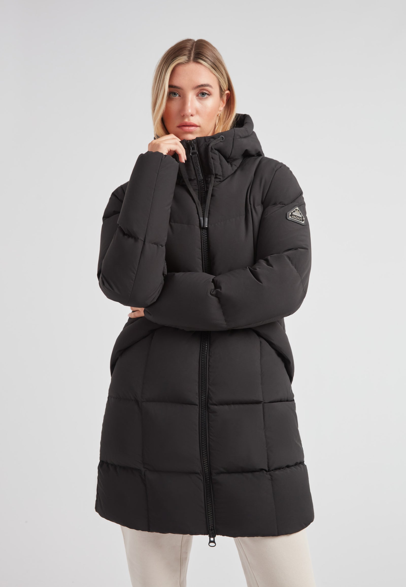 Black Star Puffer Down Coat Black, stylish puffer coat in black with hood, ideal for winter warmth and minimalistic design.