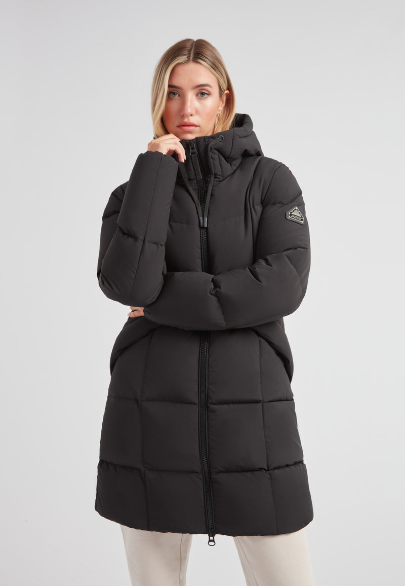 Black Star Puffer Down Coat Black, stylish puffer coat in black with hood, ideal for winter warmth and minimalistic design.