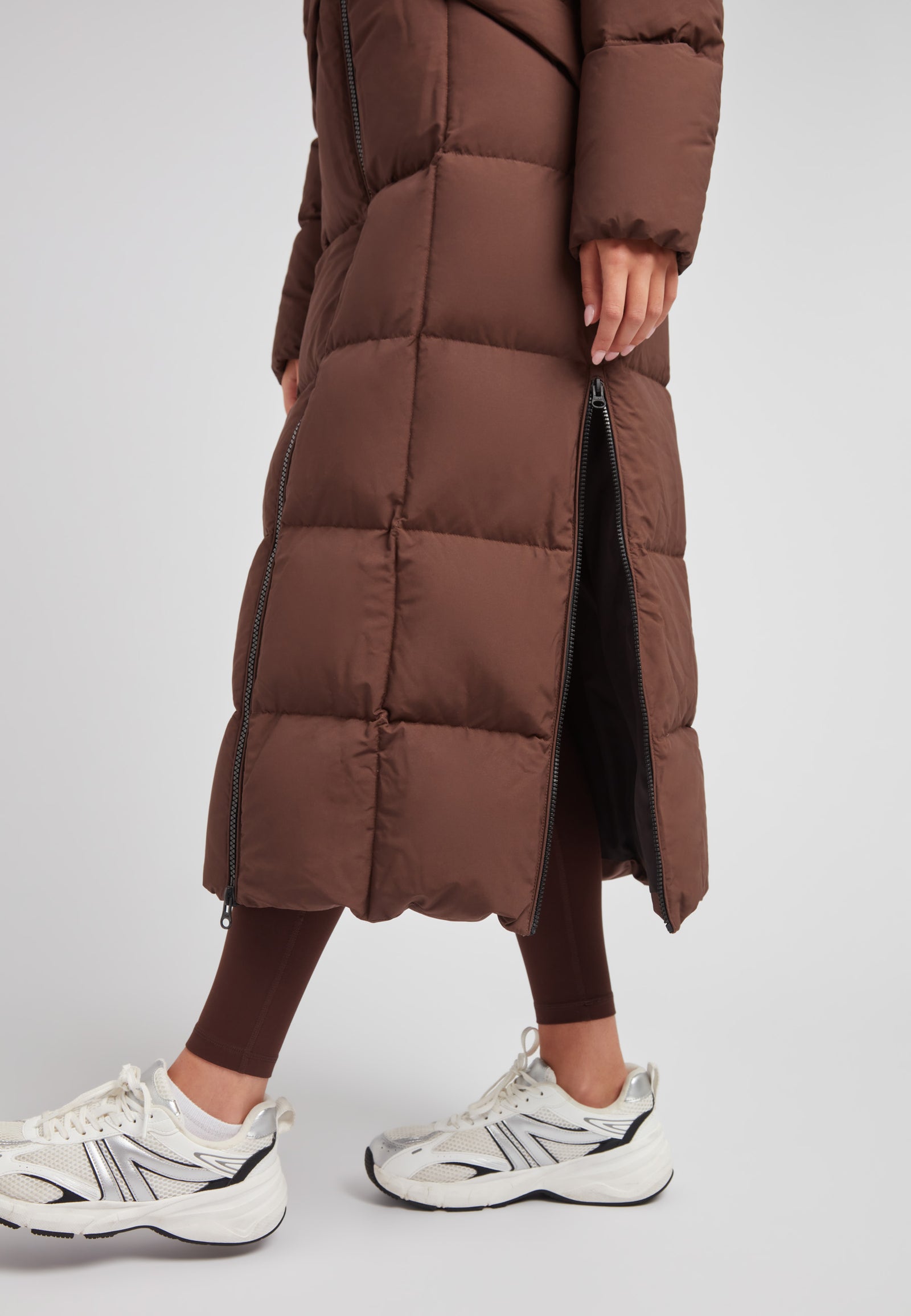 Black Star Extra Long Down Coat Matt Mid Brown with ankle-grazing cut and concealed zip pockets.