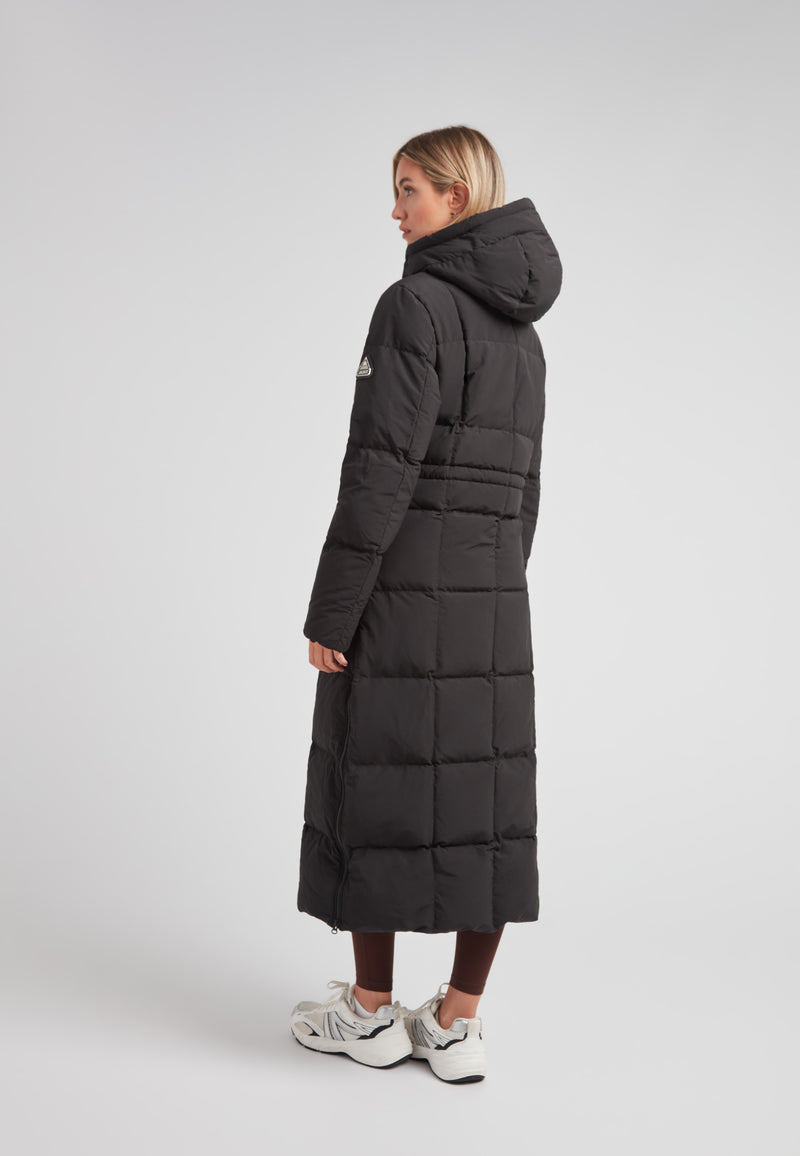 Black Star Extra Long Down Coat Matt Black on model, showcasing the back view with an adjustable hood.