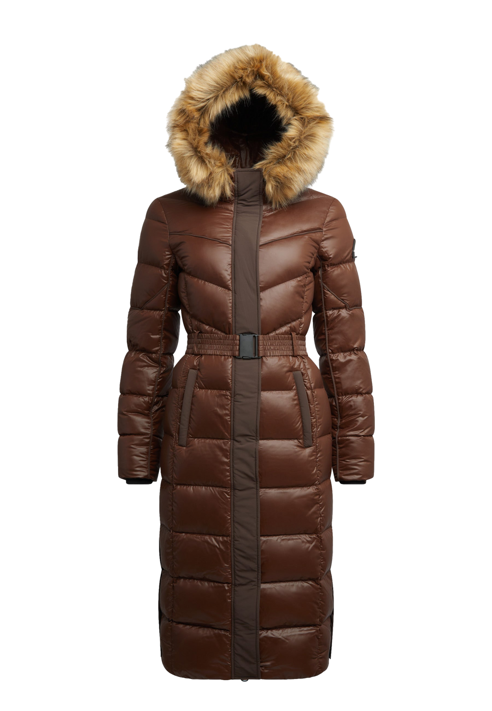 Diamond Belted Extra Long Down Coat Mid Brown Natural flat lay swatch