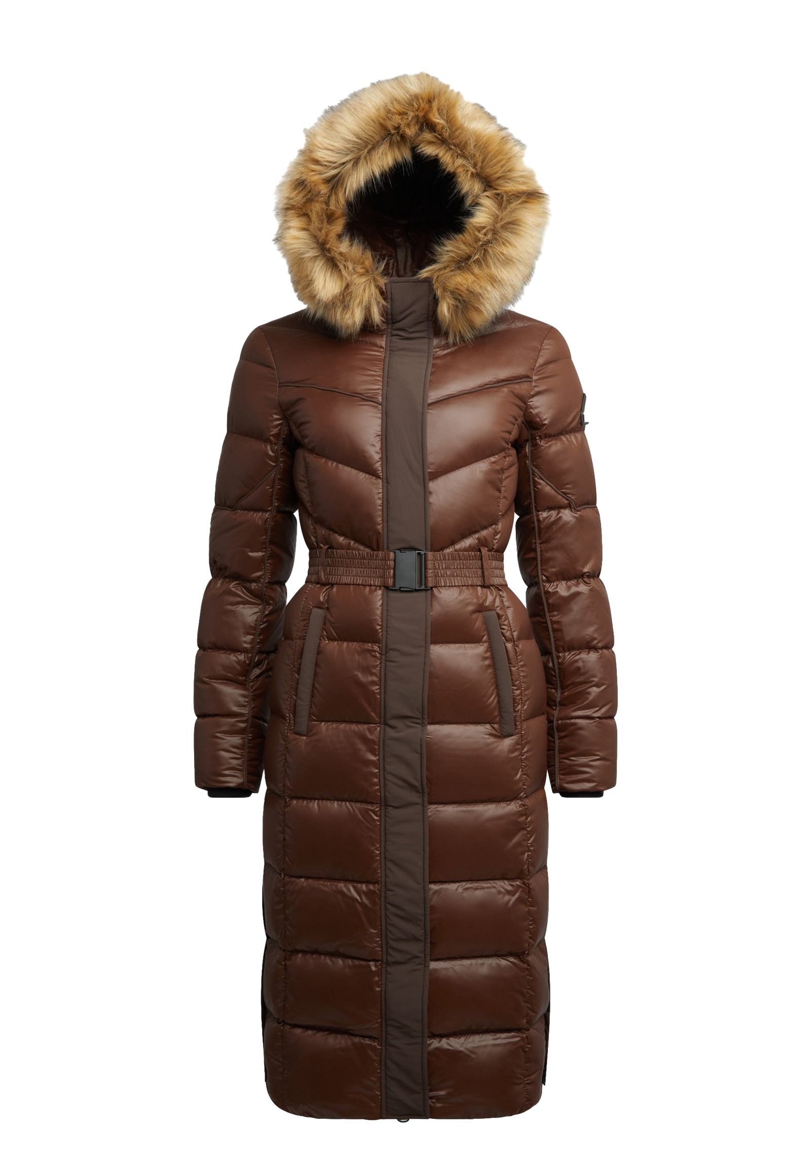 Diamond Belted Extra Long Down Coat Mid Brown Natural flat lay swatch