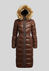 Diamond Belted Extra Long Down Coat Mid Brown Natural with faux fur hood and quilted design.