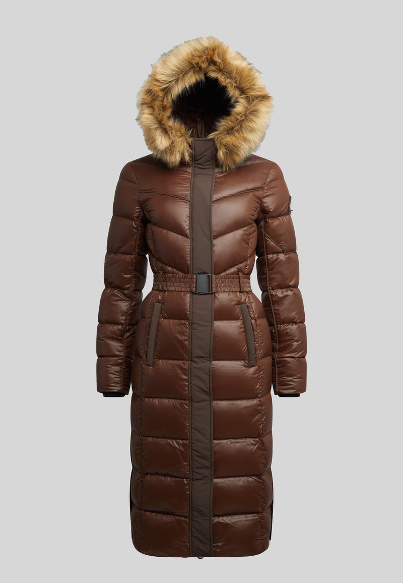 Diamond Belted Extra Long Down Coat Mid Brown Natural with faux fur hood and quilted design.