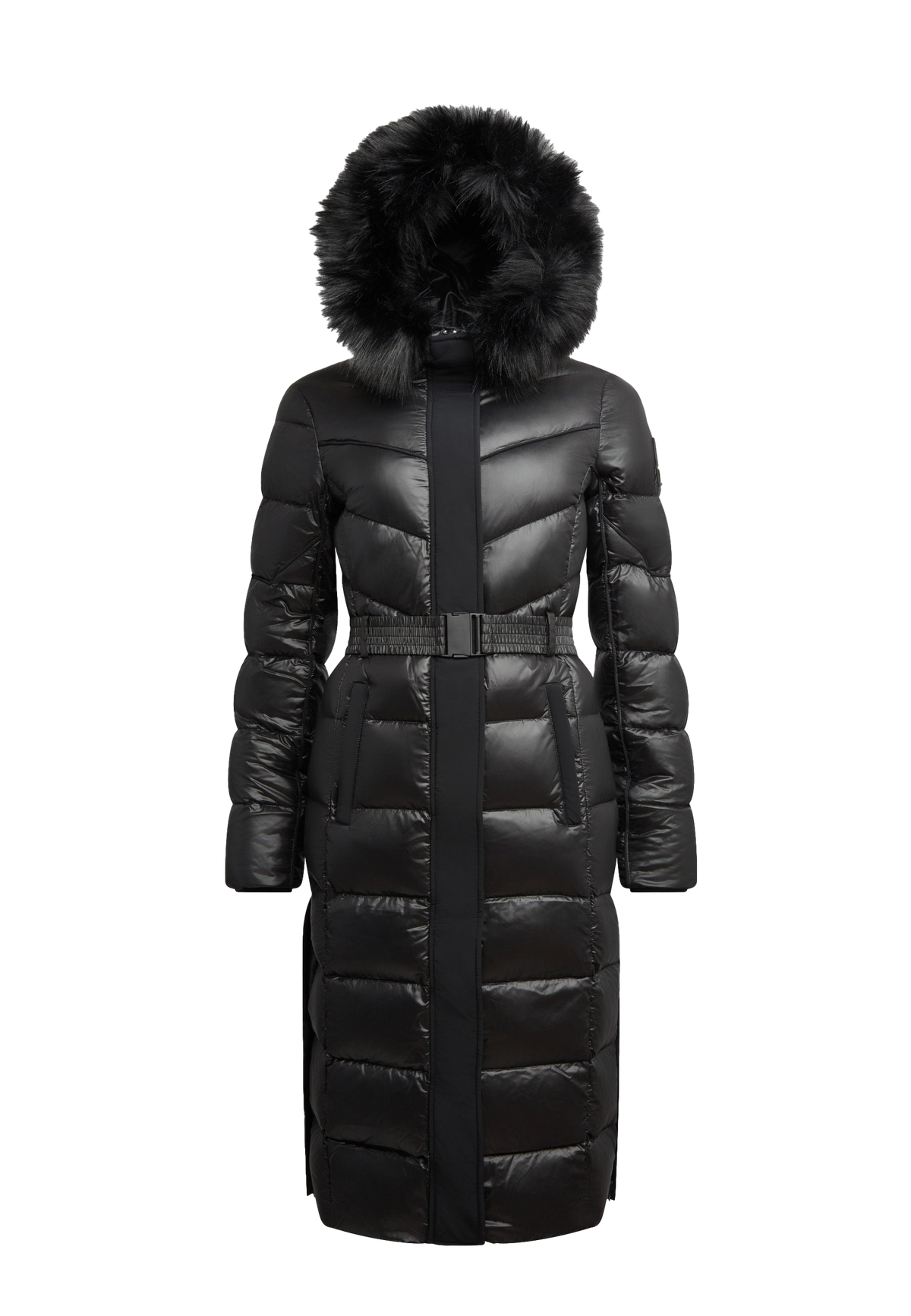 Diamond Belted Extra Long Down Coat Lux Black flat lay swatch