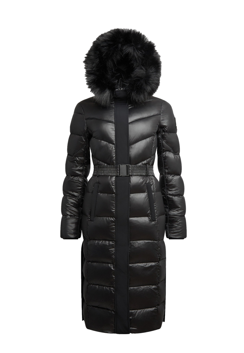Diamond Belted Extra Long Down Coat Lux Black flat lay swatch
