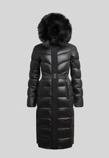 Diamond Belted Extra Long Down Coat Lux Black with faux fur hood and belted waist design.