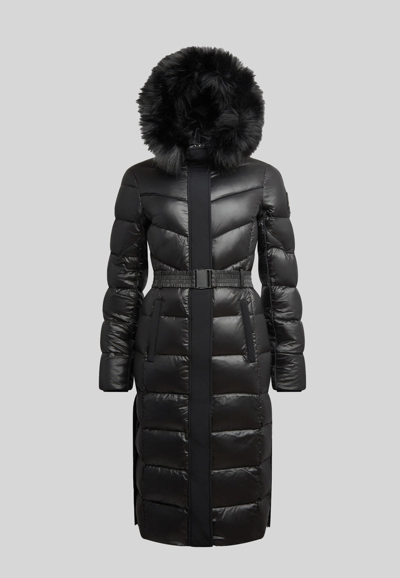Diamond Belted Extra Long Down Coat Lux Black with faux fur hood and belted waist design.