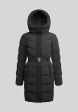 Diamond Belted Down Coat Matt Black featuring a belted waist and hooded design for winter style and warmth.