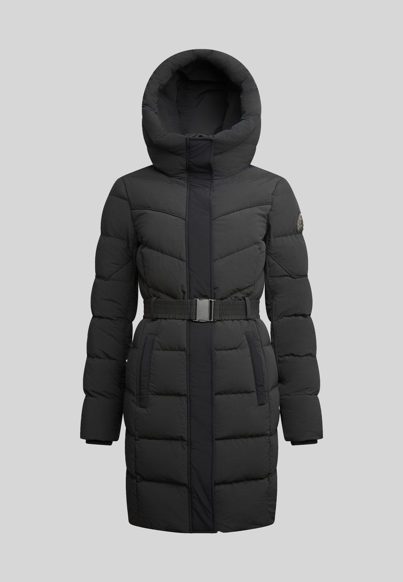 Diamond Belted Down Coat Matt Black featuring a belted waist and hooded design for winter style and warmth.