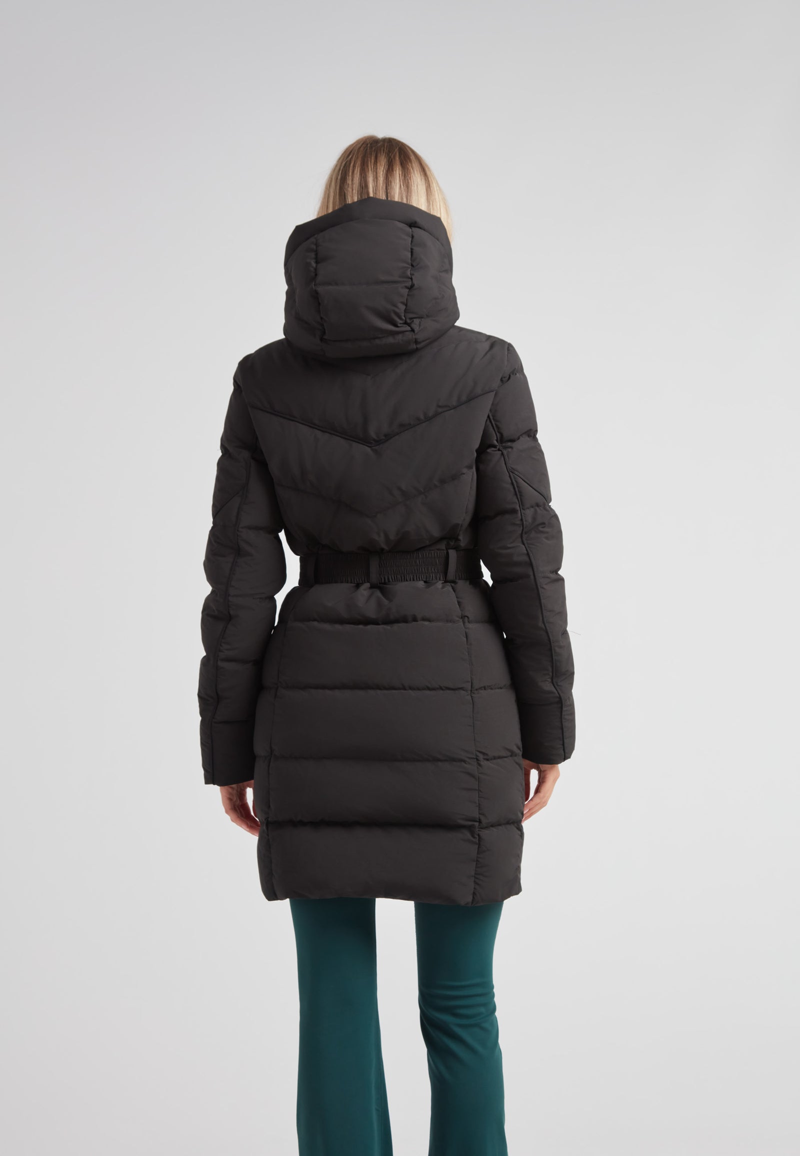 Back view of the Diamond Belted Down Coat Matt Black showcasing its stylish design and hood.