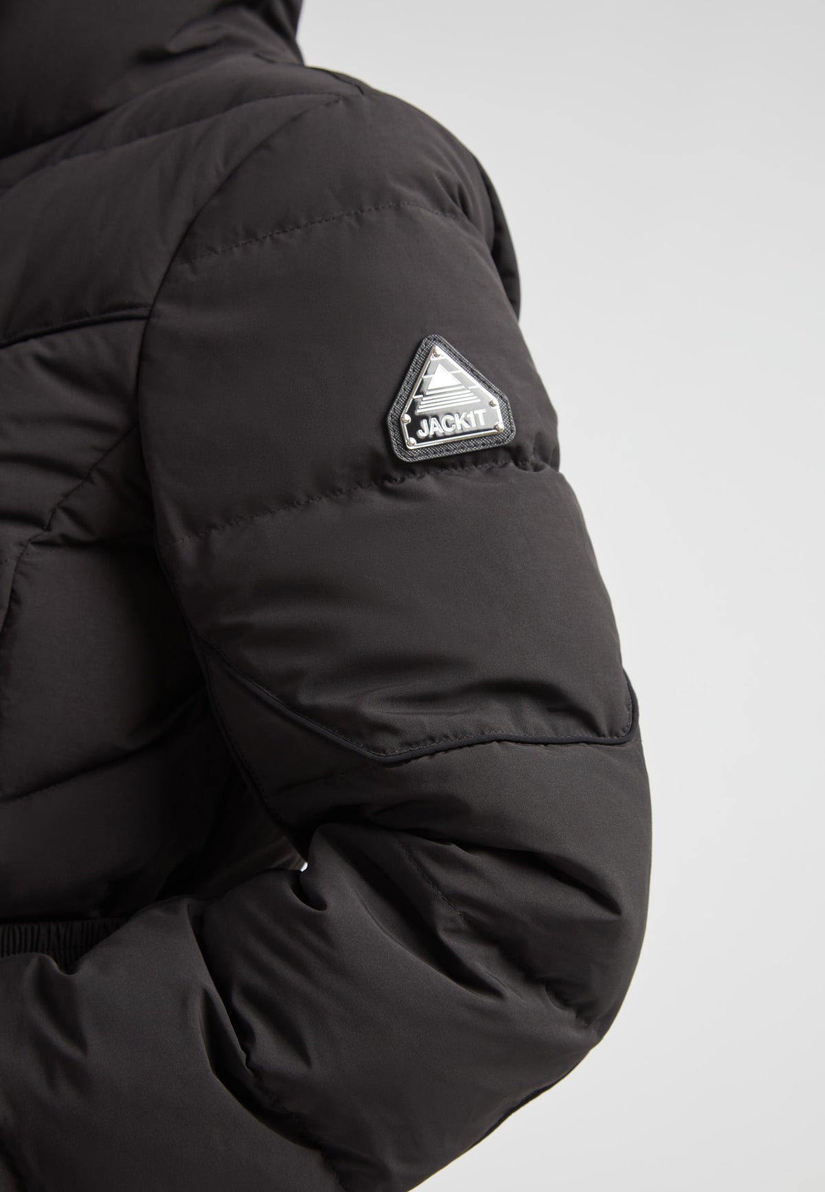 Diamond Belted Down Coat Matt Black close-up of sleeve and logo detail