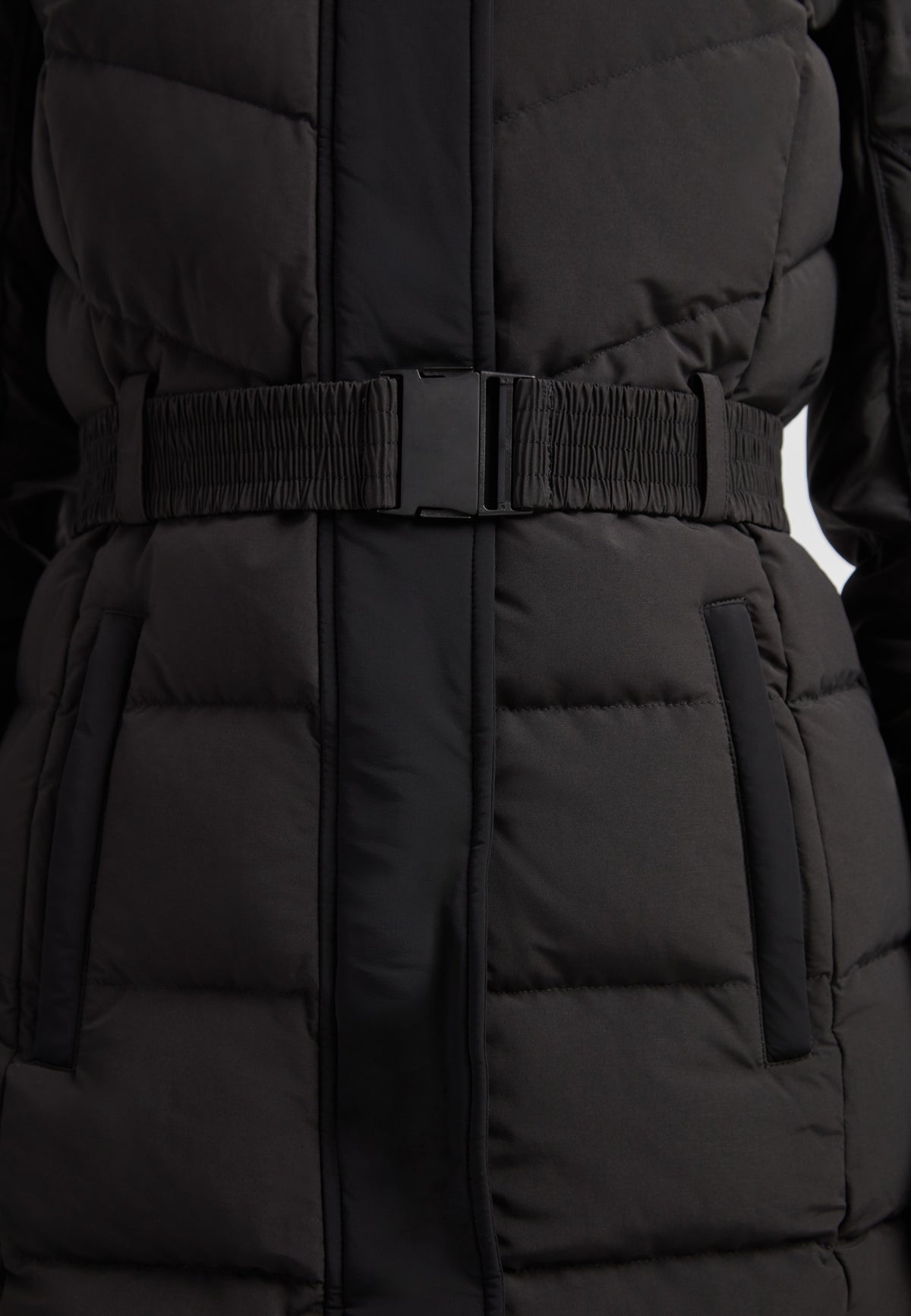 Diamond Belted Down Coat Matt Black featuring a belted waist and puffy texture for winter style and warmth.