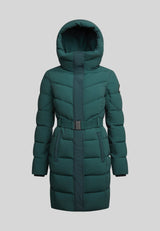 Diamond Belted Down Coat Matt Emerald in emerald green color with a hood and belt detail.