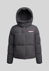 Star Shower Down Puffer Jacket Black featuring a hood and quilted design for winter fashion.