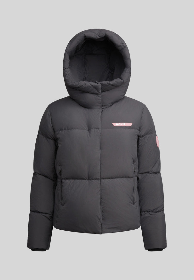 Star Shower Down Puffer Jacket Black featuring a hood and quilted design for winter fashion.