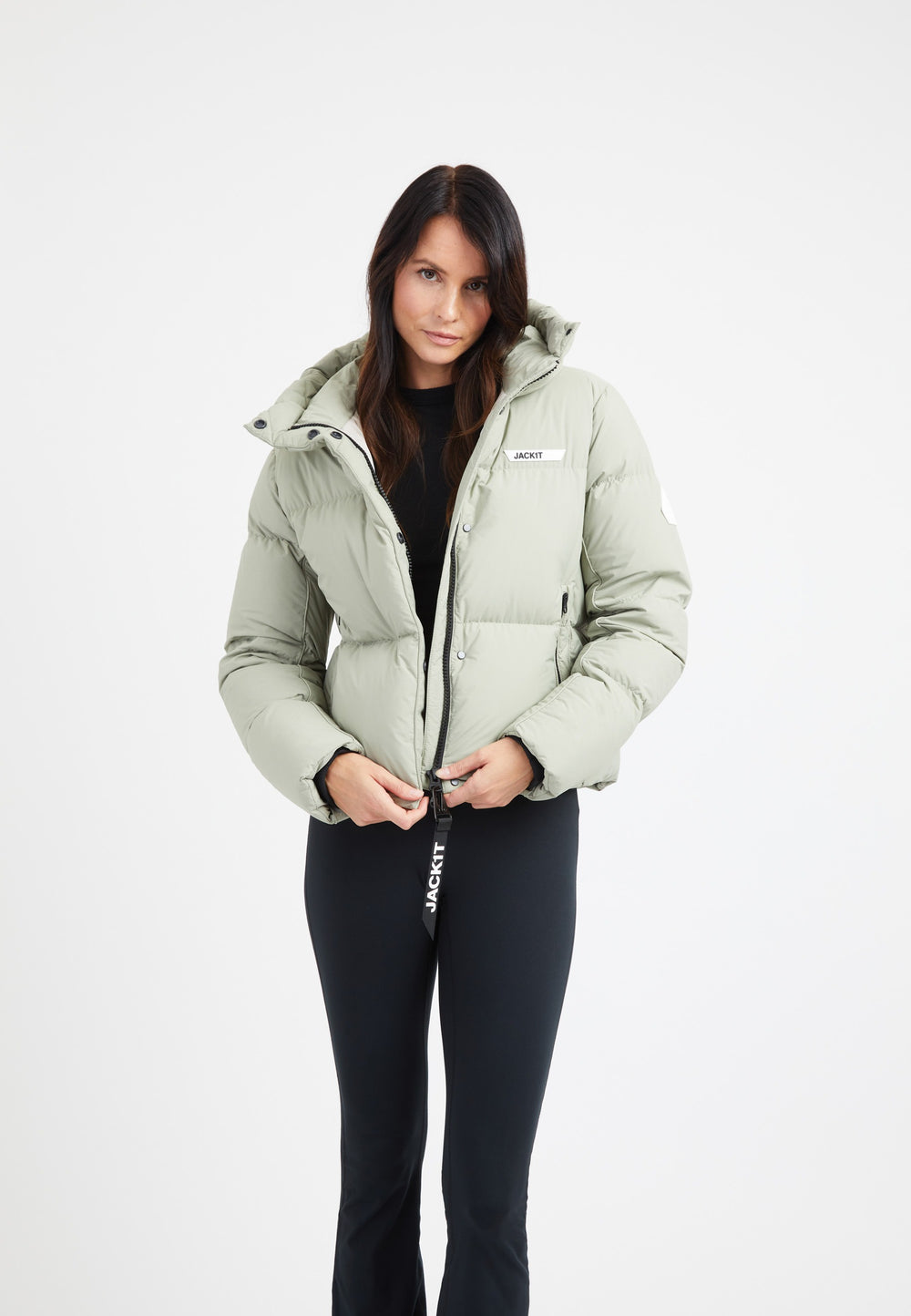 Star Shower Down Puffer Jacket Sage on model front view by JACK1T