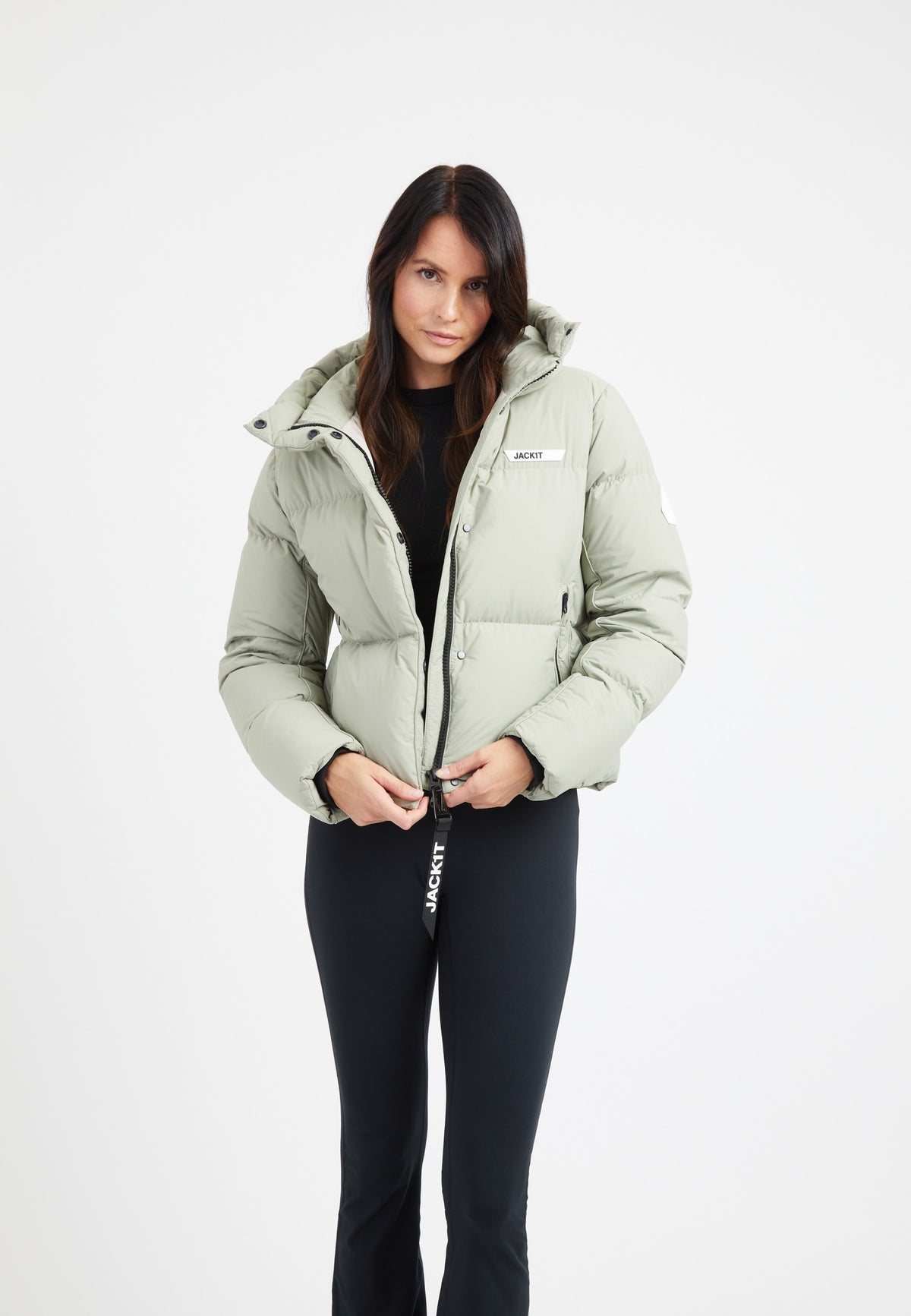 Star Shower Down Puffer Jacket Sage on model front view by JACK1T