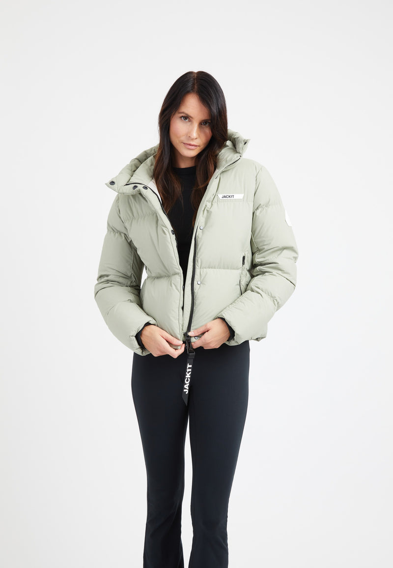 Star Shower Down Puffer Jacket Sage on model front view by JACK1T