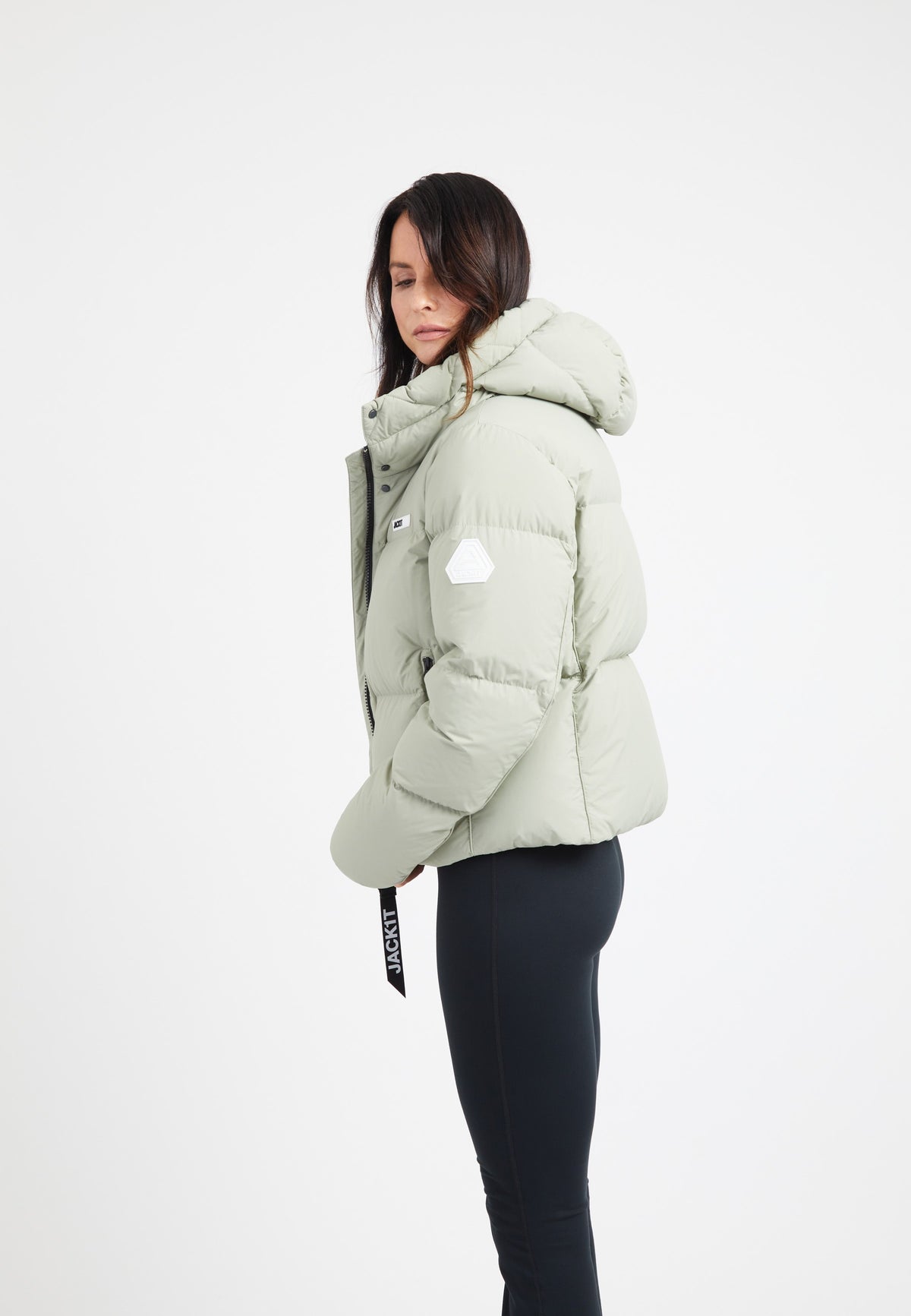 Star Shower Down Puffer Jacket Sage on model back view by JACK1T