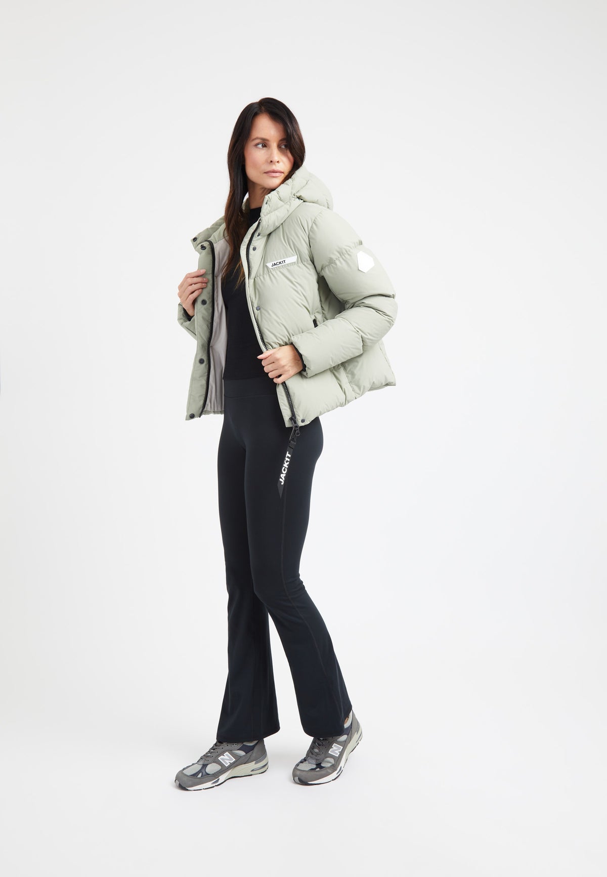 Star Shower Down Puffer Jacket Sage on model detail by JACK1T