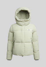 Star Shower Down Puffer Jacket Sage in light green with a hood, featuring a minimalist design and structured silhouette.