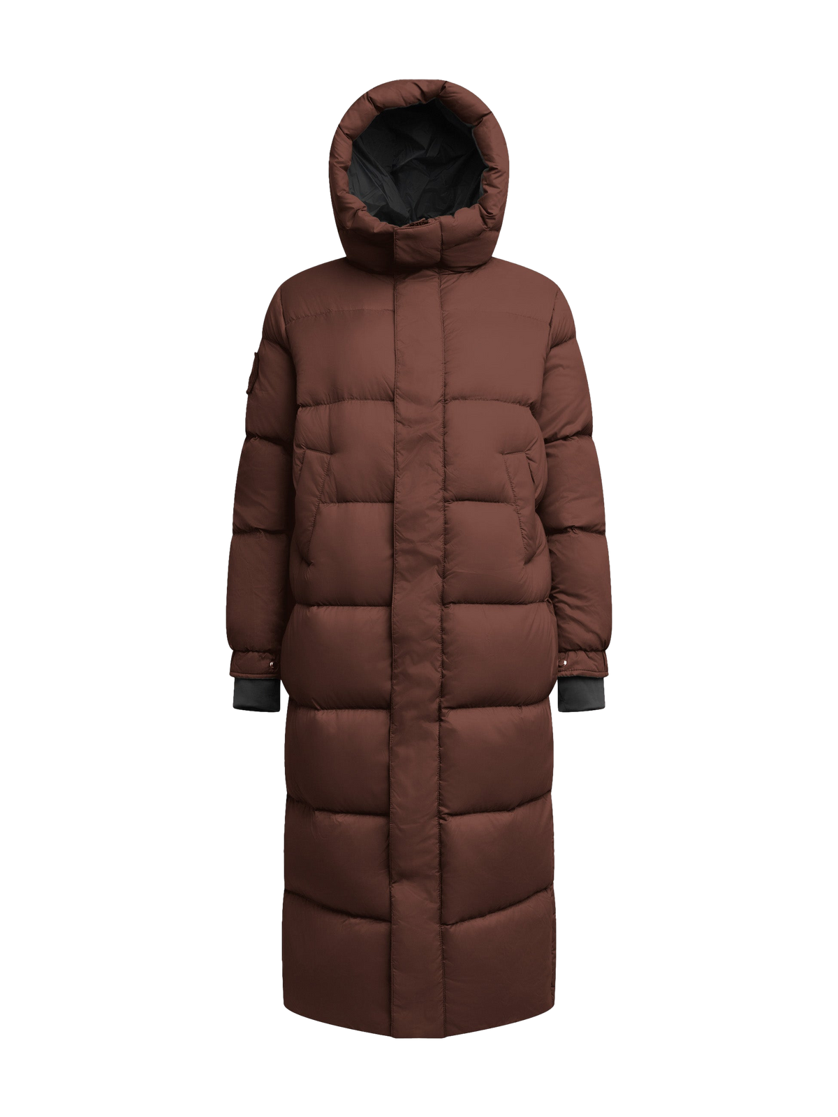 Cocoon Ultra Long Down Coat Mid Brown flat lay swatch