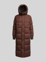 Cocoon Ultra Long Down Coat Mid Brown featuring an oversized silhouette and a cozy hood for ultimate warmth.