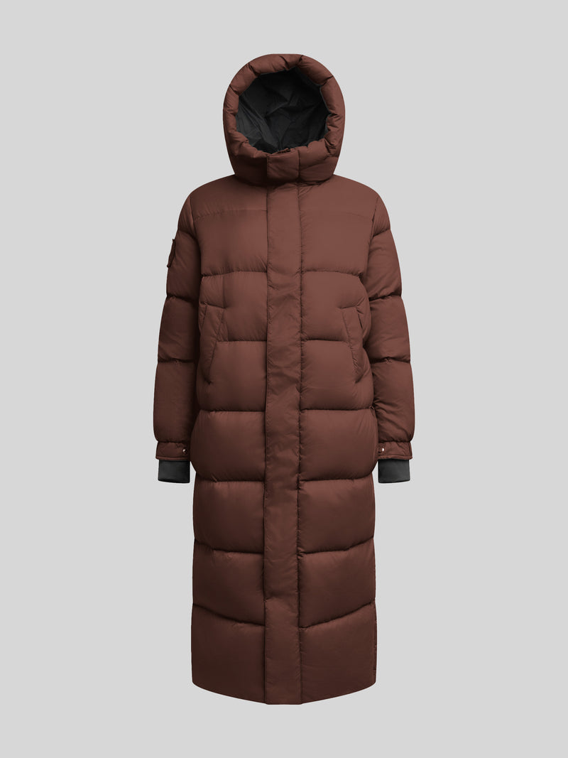 Cocoon Ultra Long Down Coat Mid Brown featuring an oversized silhouette and a cozy hood for ultimate warmth.