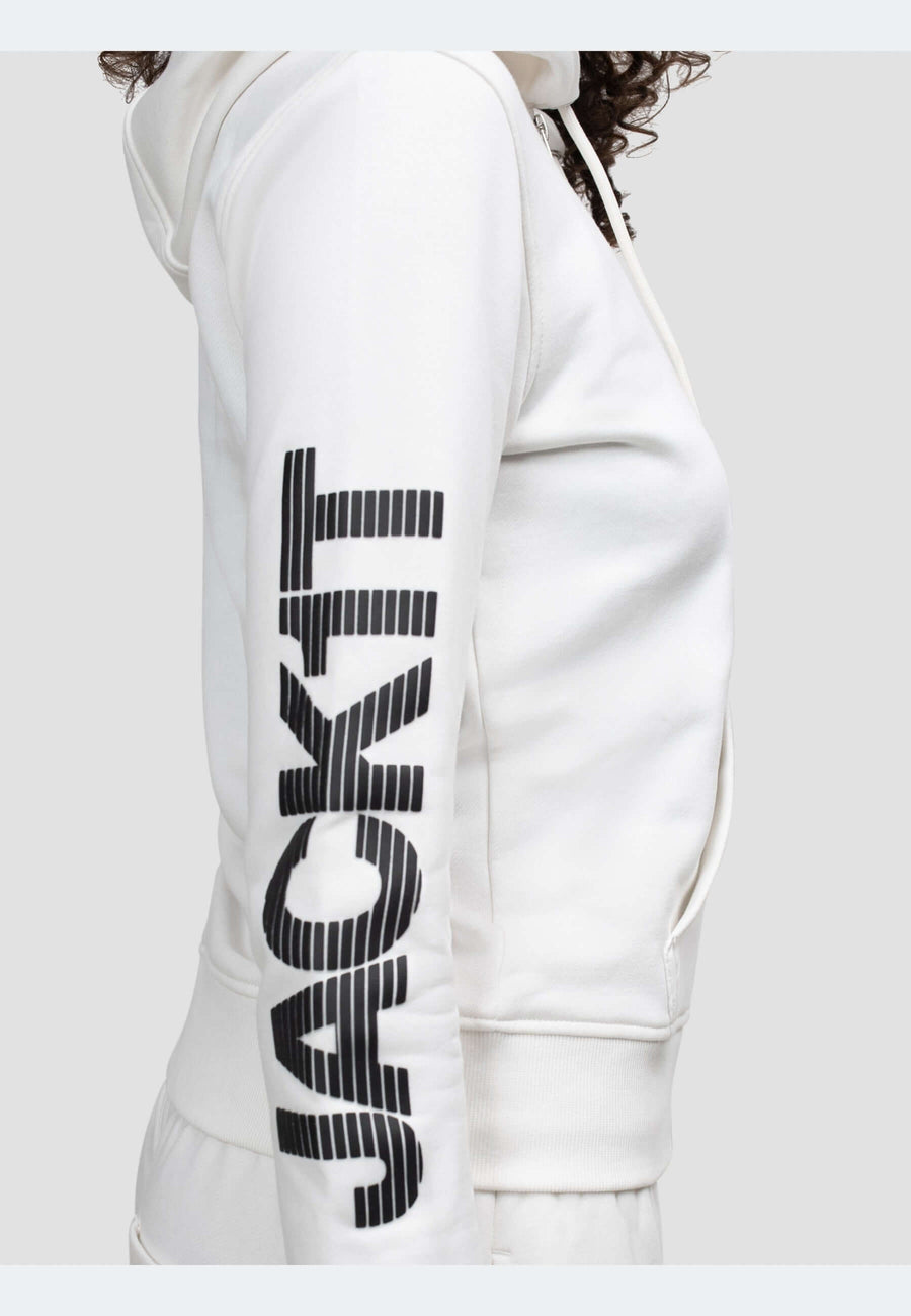 Side view of an off white hoodie with 'JACKIT' printed on the sleeve, showcasing a modern and stylish design.
