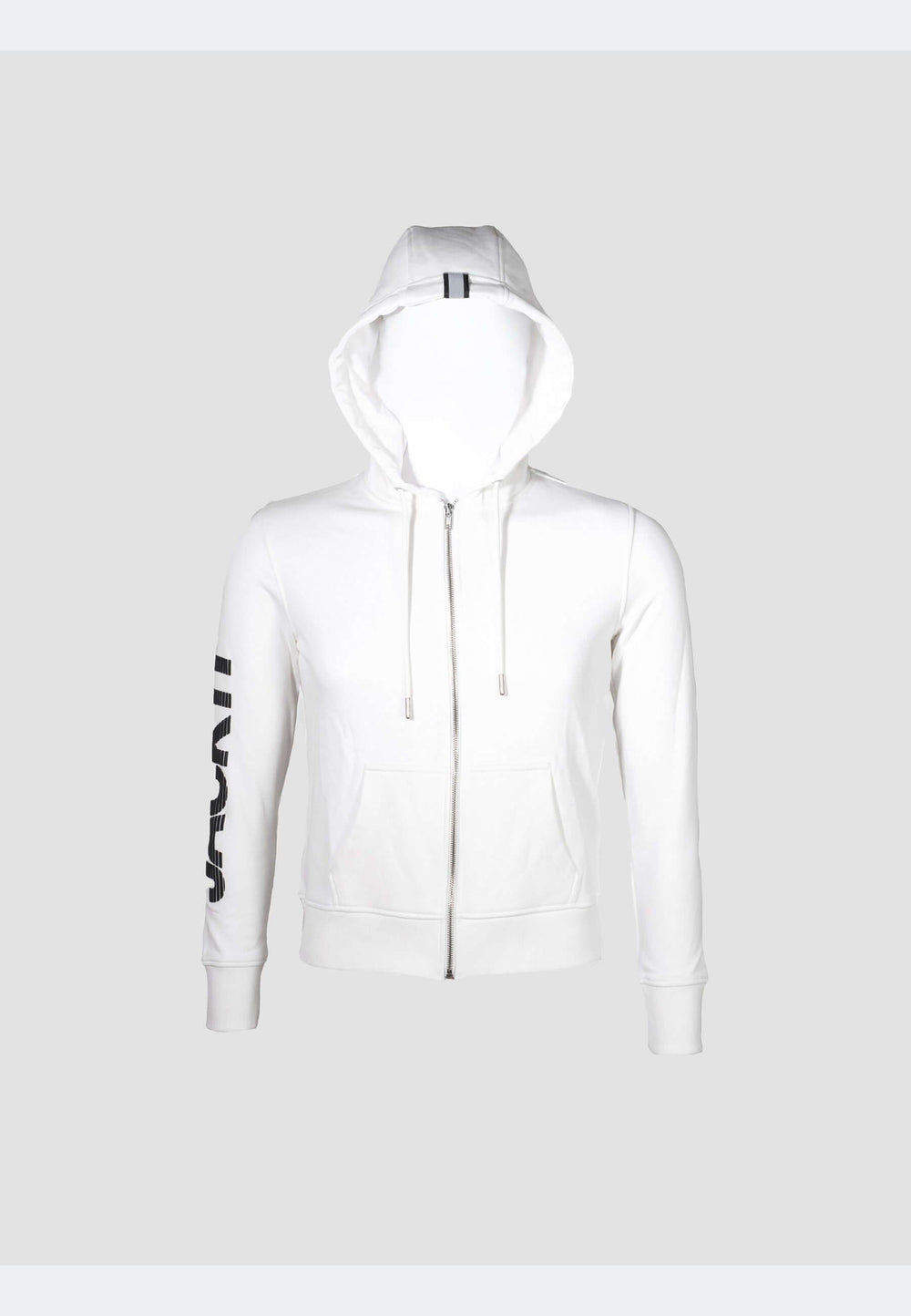 Off white hoodie zip through with structured finish and brand detailing.