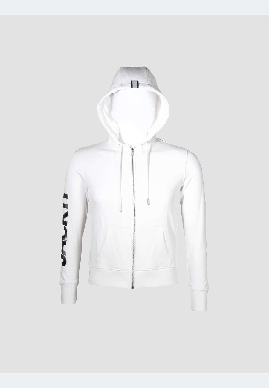 Off white hoodie zip through with structured finish and brand detailing.