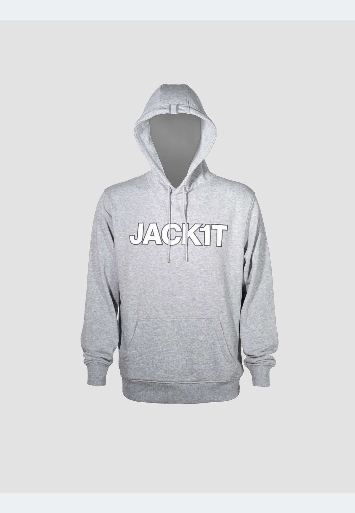 Hoodie Overhead Mid Grey Heather featuring JACKIT logo, a comfortable grey hoodie for casual wear.