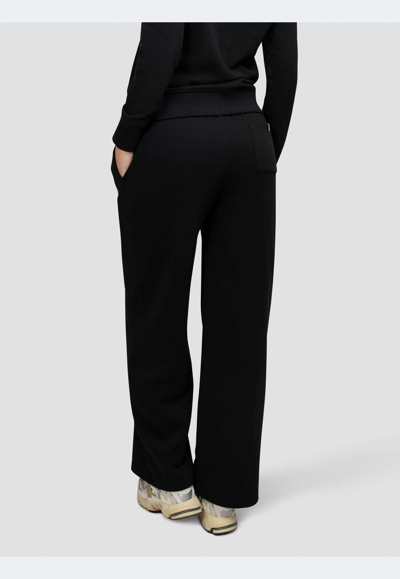 Back view of black joggers featuring relaxed wide-leg silhouette and pockets.