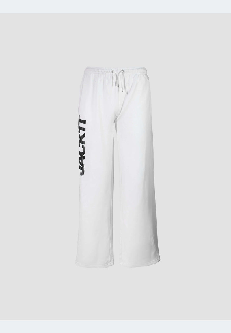 Wide-leg off white joggers with elastic waistband, featuring side pockets and printed logo for casual style.