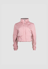 women's pink windbreaker featuring a lightweight, water-resistant design and a stow-away hood.