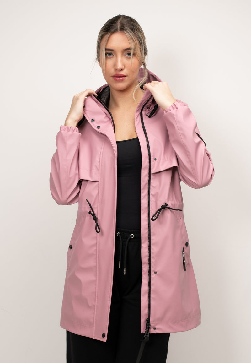 Womens Raincoat with Cape Dusty Pink, showcasing lightweight water-resistant fabric and drawcord details.