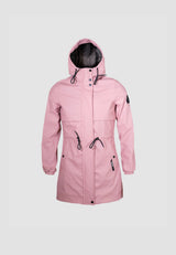 Womens Raincoat with Cape Dusty Pink, lightweight water-resistant fabric, adjustable hood, and drawcord waist.