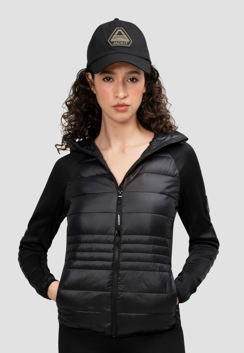 Womens Lightweight Hybrid Hooded Jacket in Black worn by a model, featuring a zip front and hood.