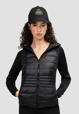 Womens Lightweight Hybrid Hooded Jacket in Black worn by a model, featuring a zip front and hood.