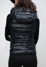 Womens Lightweight Hybrid Hooded Jacket in Black, back view showing hood and sleek design.
